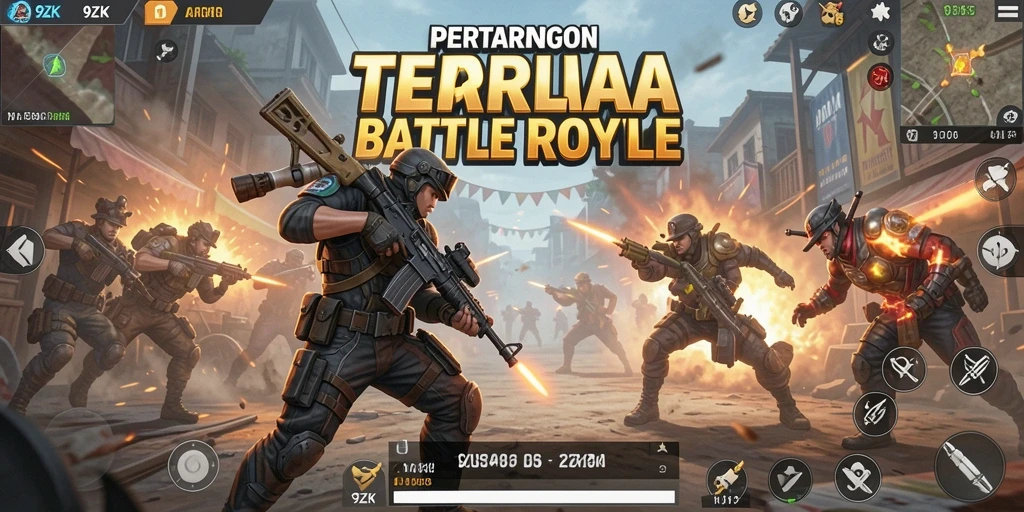 Screenshot 9ZK menampilkan serunya pertarungan Battle Royale di arena.