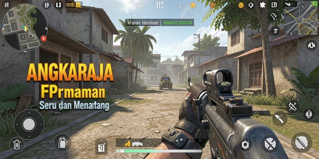 Tangkapan layar utama ANGKARAJA menampilkan aksi seru di medan perang FPS.