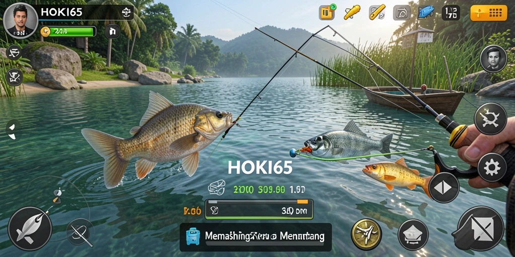 Screenshot gameplay HOKI65 menampilkan aksi seru saat memancing.