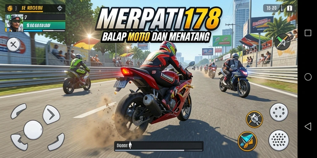 Tampilan gameplay seru MERPATI178 dengan motor balap di trek.
