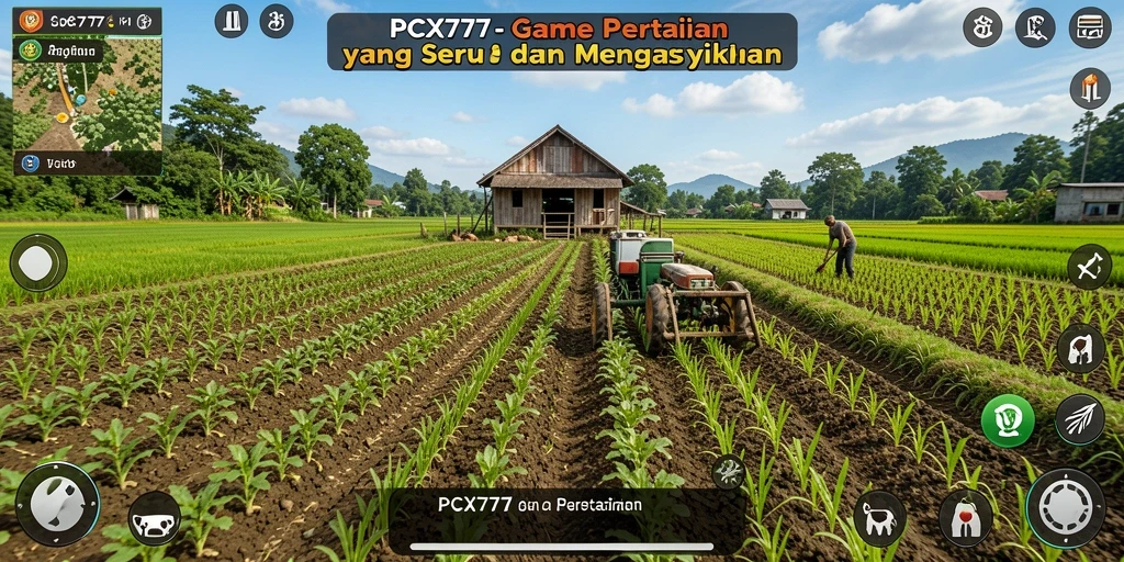 Tangkapan layar utama PCX777 menampilkan ladang yang hijau dan hewan ternak yang bahagia.