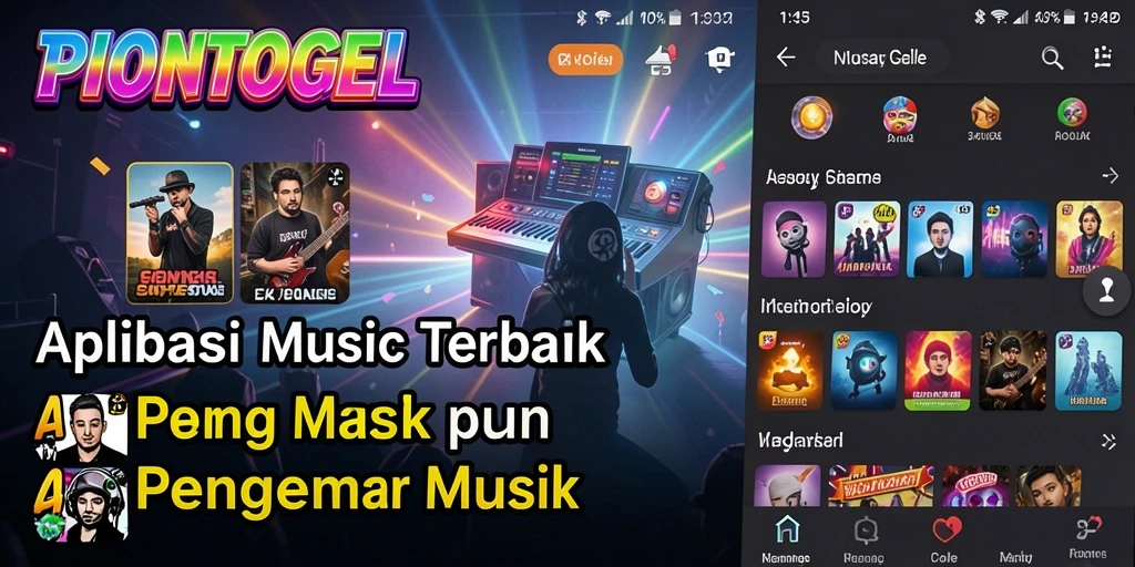 Tangkapan layar utama PIONTOGEL menampilkan antarmuka aplikasi musik yang menarik.