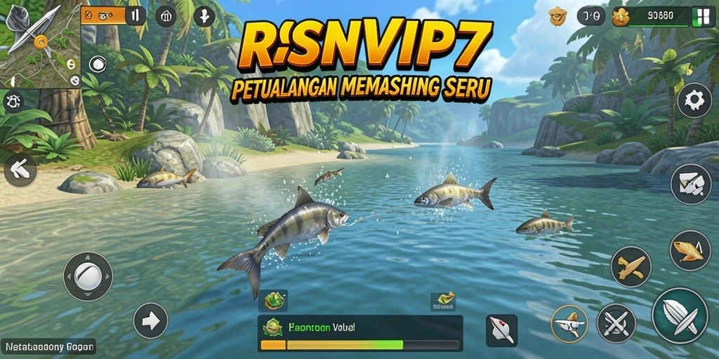 Tampilan gameplay RSNVIP7 saat menangkap ikan besar di lautan.